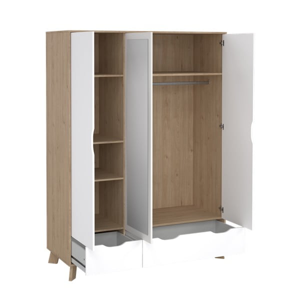 Fehér-natúr színű ruhásszekrény tükörrel tölgyfa dekorral 147x201x58 cm Ikast – Tvilum-image-3