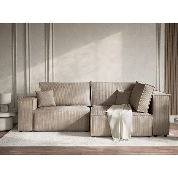 Bézs kordbársony kinyitható-tárolóhelyes sarokkanapé (jobb oldali-L alakú) Tonga – Maison de Rêve-image-1