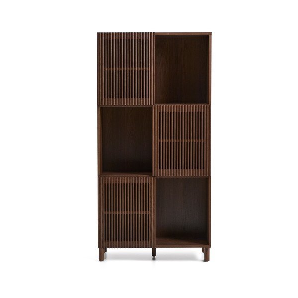 Sötétbarna könyvespolc tolóajtóval, diófa dekorral 84,5x170x42,5 cm Beyla – Kave Home-image-2