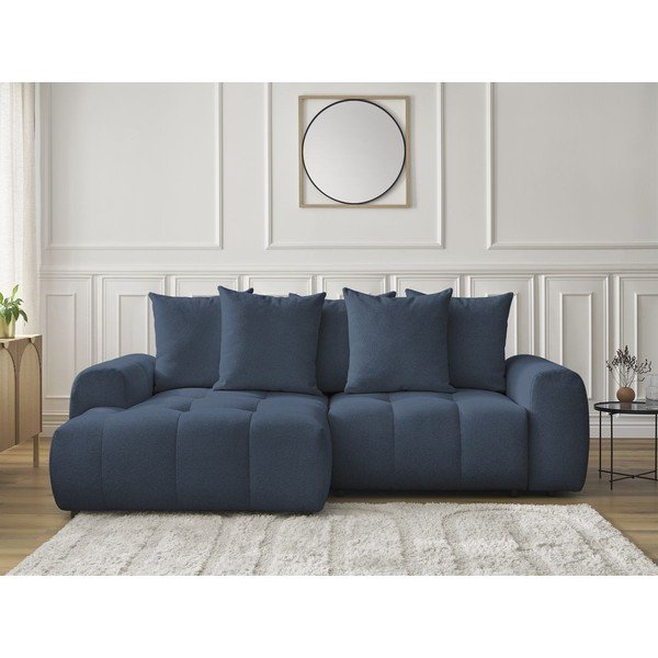 Kék zsenília kinyitható-tárolóhelyes sarokkanapé (bal oldali-heverő résszel) Roxelane – Bobochic Paris-image-1