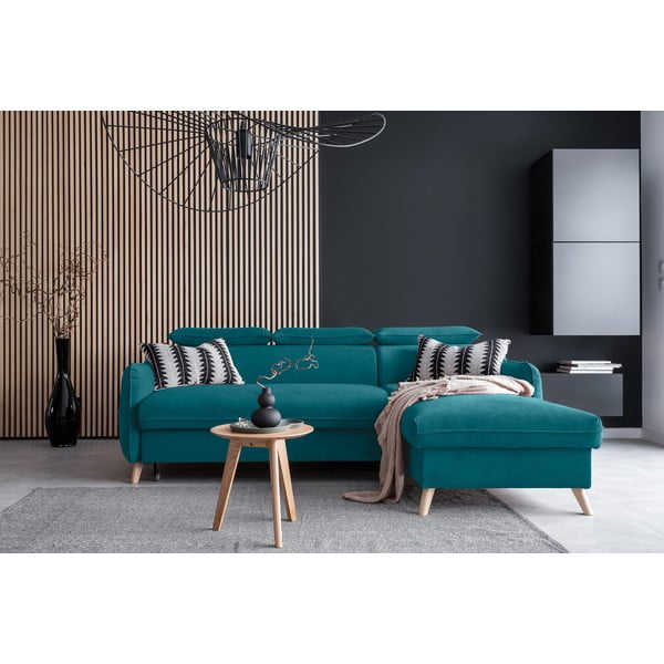 Türkiz bársony kinyitható sarokkanapé (jobb oldali) Sweet Harmony – Miuform-image-1