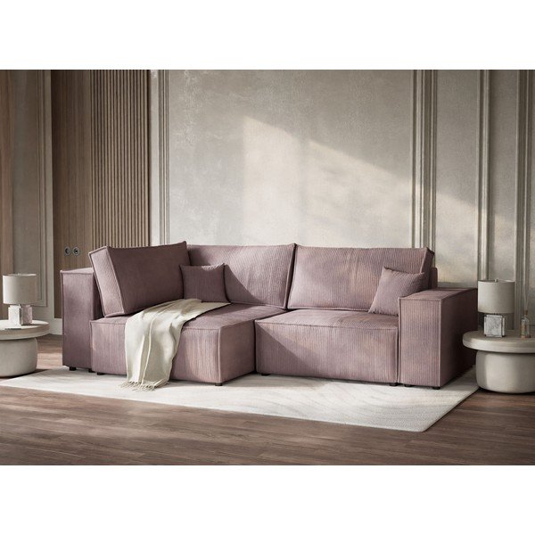 Lila kordbársony kinyitható-tárolóhelyes sarokkanapé (bal oldali-L alakú) Tonga – Maison de Rêve-image-4