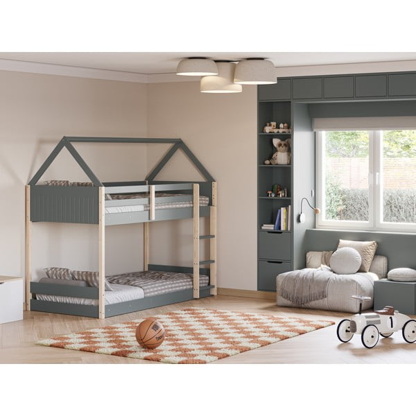 Natúr színű-szürkészöld házikó alakú-emeletes gyerekágy ágyráccsal 90x190 cm Valka – Marckeric-image-4