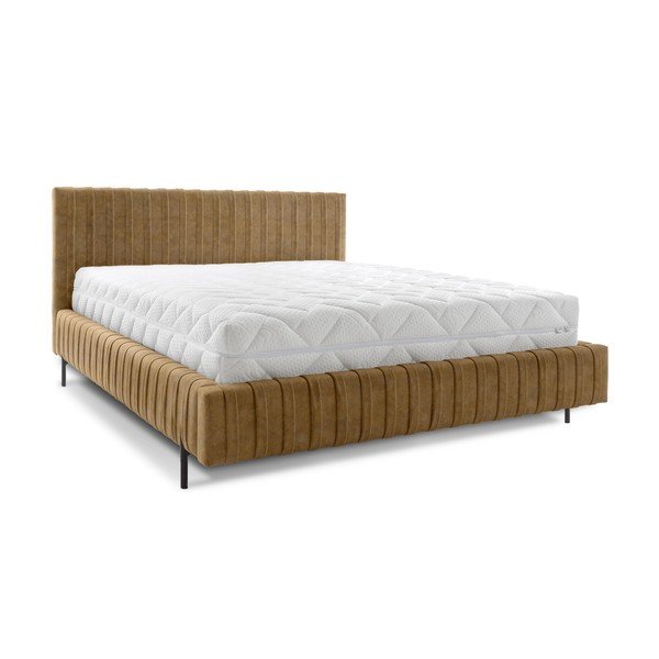 Okkersárga kárpitozott ágyneműtartós franciaágy ágyráccsal 180x200 cm Plissa – ELTAP