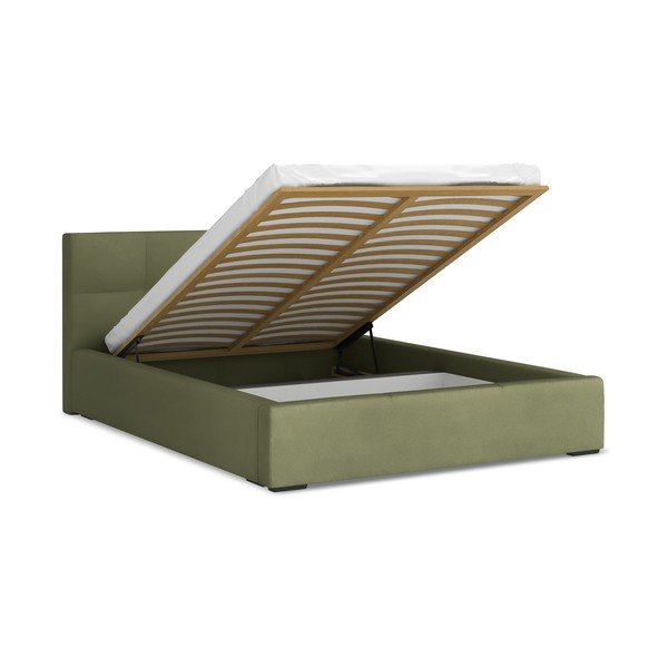 Zöld bársony kárpitozott ágyneműtartós franciaágy ágyráccsal 140x200 cm Hiko – Makamii-image-1