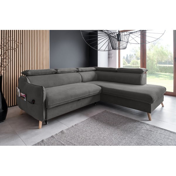 Sötétszürke bársony kinyitható sarokkanapé (jobb oldali) Sweet Harmony – Miuform-image-3