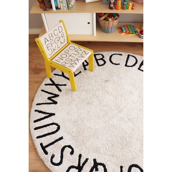 Krémszínű mosható kézi szövésű pamut gyerek szőnyeg ø150 cm ABC Natural Black – Lorena Canals-image-4