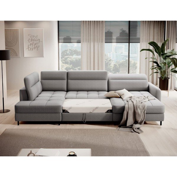 Világosszürke bársony kinyitható-tárolóhelyes sarokkanapé (bal oldali-U alakú) Berrto – ELTAP-image-4