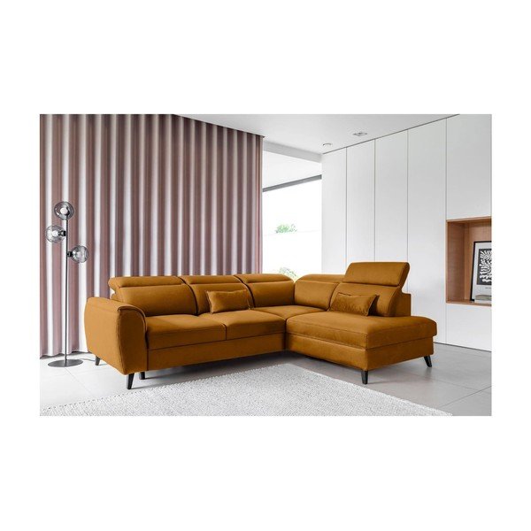 Sárga bársony kinyitható-tárolóhelyes sarokkanapé (jobb oldali-L alakú) Noble – ELTAP-image-1