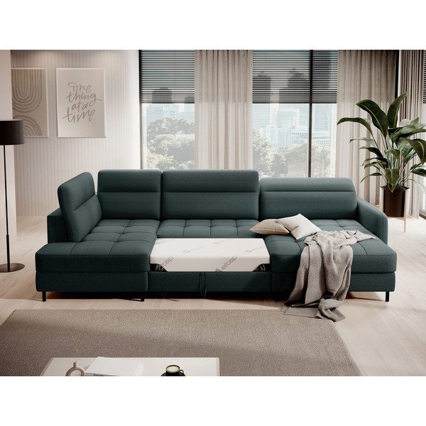 Zöld bársony kinyitható-tárolóhelyes sarokkanapé (bal oldali-U alakú) Berrto – ELTAP-image-4