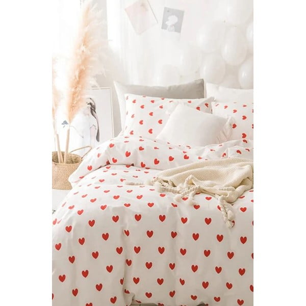 Krémszínű kétszemélyes hosszabbított négyrészes renforcé pamut ágyneműhuzat lepedővel 200x220 cm Mini Hearts – Mila Home