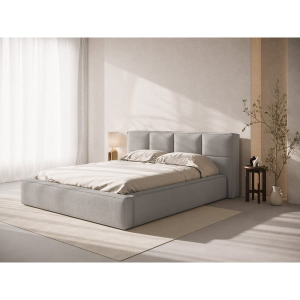 Világosszürke kárpitozott ágyneműtartós franciaágy ágyráccsal 160x200 cm Simon – Micadoni -image-1