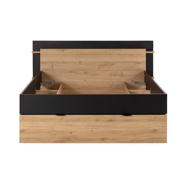 Fekete-natúr színű ágyneműtartós franciaágy ágyrács nélkül, tölgyfa dekorral 160x200 cm Albo – Marckeric-image-3