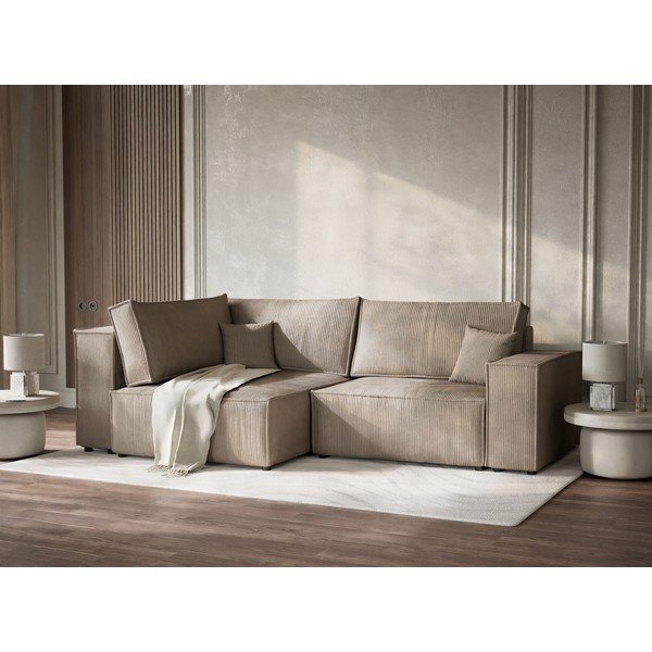 Bézs kordbársony kinyitható-tárolóhelyes sarokkanapé (bal oldali-L alakú) Tonga – Maison de Rêve-image-4