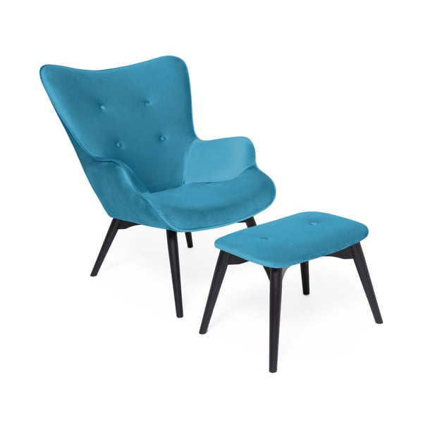 Cora Velvet akvamrin kék fotel és lábtartó, fekete lábszerkezettel - Vivonita