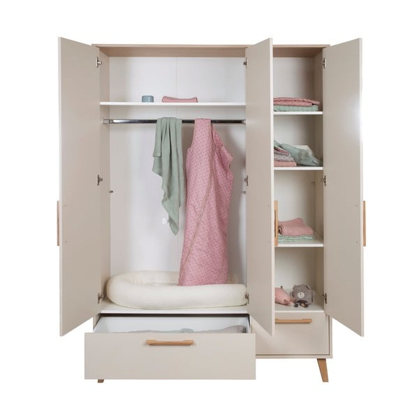 Krémszínű-natúr színű gyerek ruhásszekrény tölgyfa dekorral 138x200x55 cm Jil – Roba-image-3