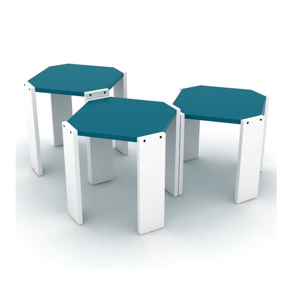 Rafevi Hansel 3 db egymásba rakható fehér tárolóasztal, kék részletekkel