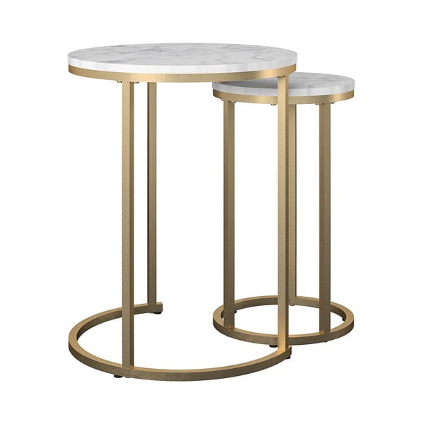 Fehér-aranyszínű kerek dohányzóasztal szett márvány dekorral 2 db-os ø 45 cm Amelia – CosmoLiving by Cosmopolitan-image-1