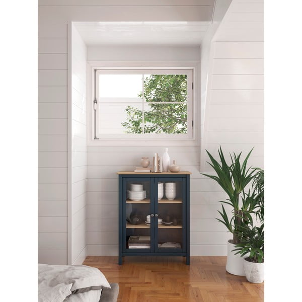 Sötétkék-natúr színű borovi fenyő tálalószekrény 90x110 cm Misti – Marckeric-image-1