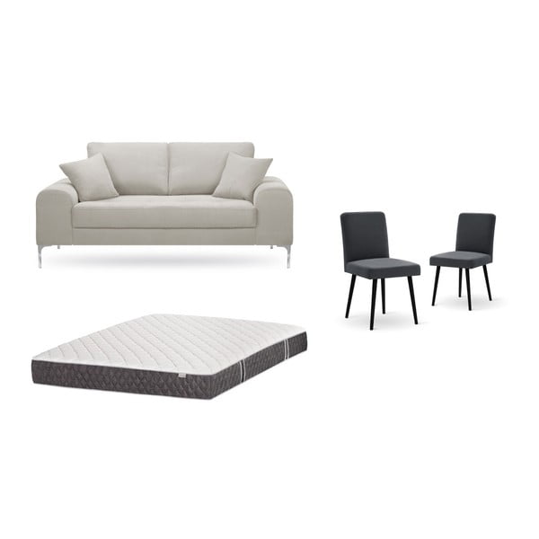 Krémszínű, kétszemélyes kanapé, 2 db antracit szürke szék, matrac (140 x 200 cm) szett - Home Essentials