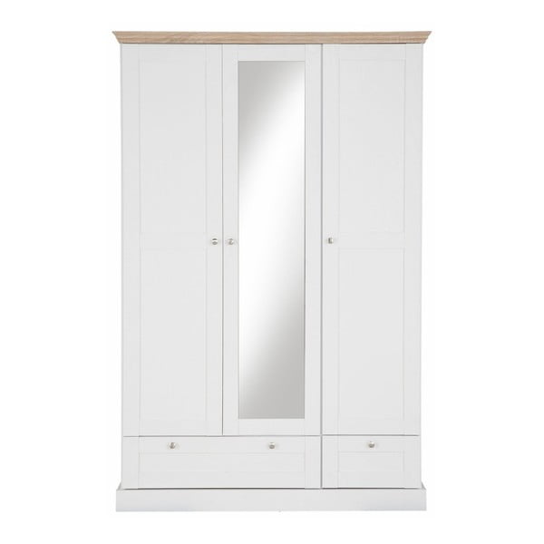 Bruce fehér háromajtós ruhásszekrény tükörrel, tölgyfa dekor részletek - Støraa