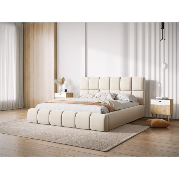 Krémszínű bársony kárpitozott ágyneműtartós franciaágy ágyráccsal 140x200 cm Bellis – Micadoni -image-1