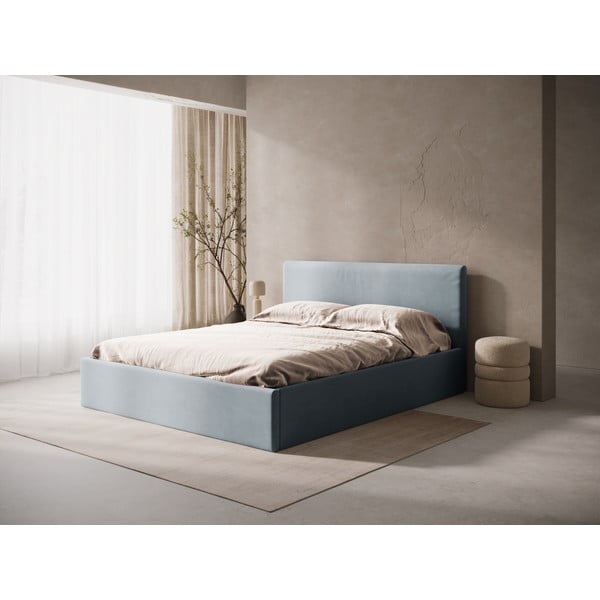 Világoskék kárpitozott ágyneműtartós-ágytámla nélkül franciaágy ágyráccsal 180x200 cm Susan – Micadoni -image-1