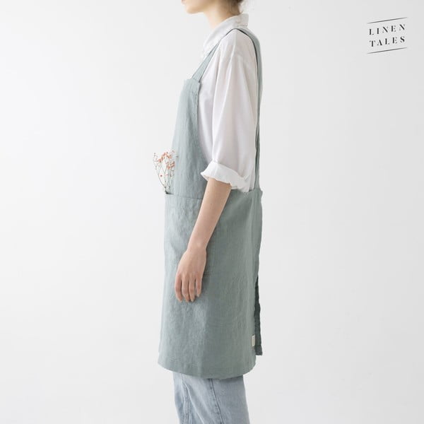Crossback zöld len kötény, hosszúság 80 cm - Linen Tales-image-2