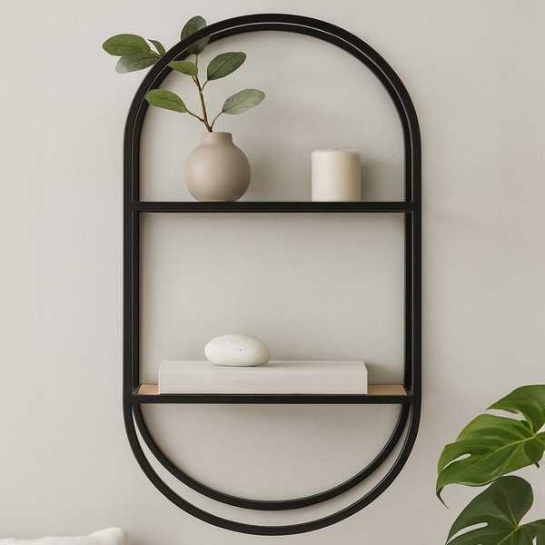 Fekete-natúr színű többszintes fém fali polc 35 cm Mataram – Premier Housewares-image-1