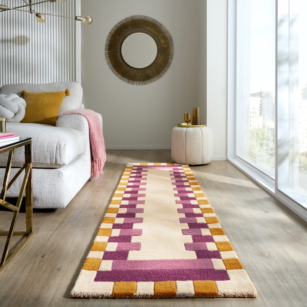 Sárga-rózsaszín kézi szövésű gyapjú futószőnyeg 60x230 cm Kai Wool Border – Flair Rugs-image-1