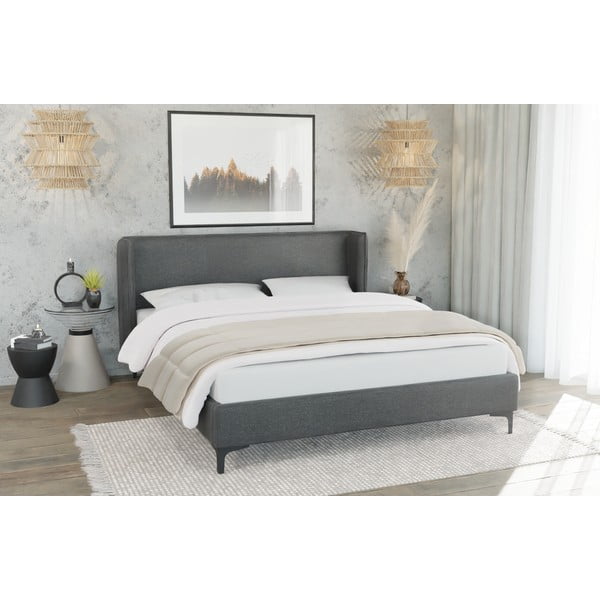 Sötétszürke kárpitozott franciaágy ágyráccsal 200x200 cm Basti – Ropez-image-3