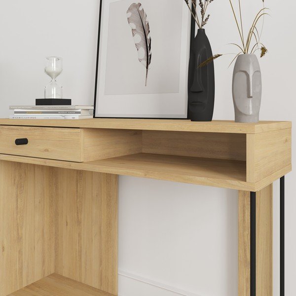 Natúr színű konzolasztal tölgyfa dekoros asztallappal 35x100 cm Saturne – Marckeric-image-4