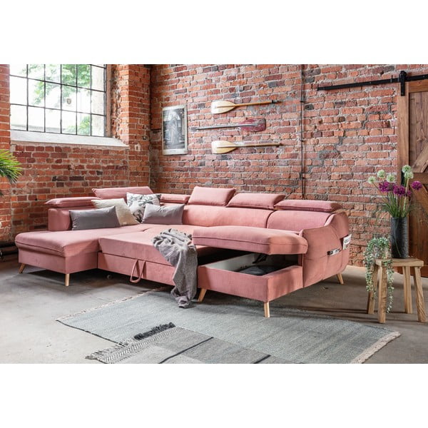 Világos rózsaszín bársony kinyitható sarokkanapé (bal oldali-"U" alakú) Sweet Harmony – Miuform-image-3