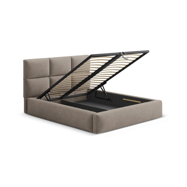 Világosbarna kárpitozott ágyneműtartós franciaágy ágyráccsal 200x200 cm Libera – Windsor & Co Sofas-image-3