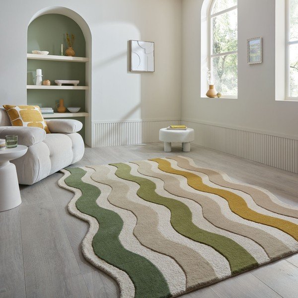 Zöld-natúr színű kézi szövésű gyapjú szőnyeg 140x200 cm Cascade Wool – Flair Rugs-image-1