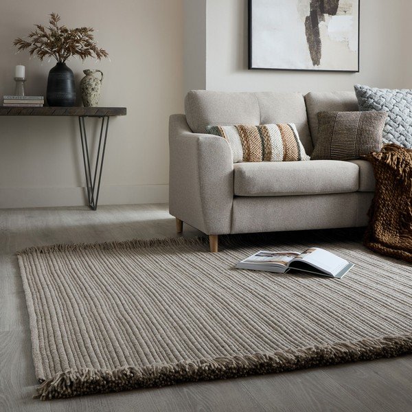 Szürke kézi szövésű gyapjúkeverék szőnyeg 160x230 cm Rene Fringed Ribbed – Flair Rugs-image-1