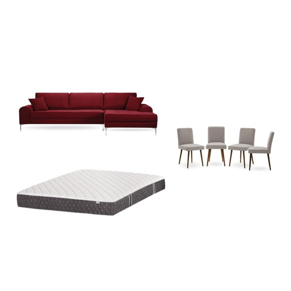 Piros jobboldali sarokkanapé, 4 db szürkésbézs szék, matrac (160 x 200 cm) szett - Home Essentials