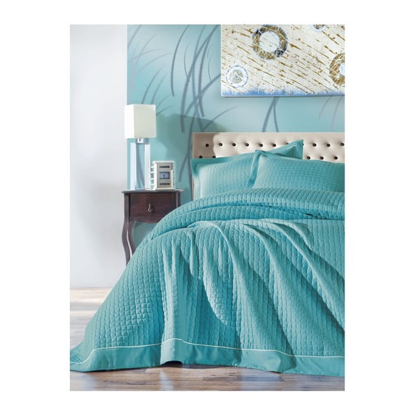 Permento Azul türkiz ágytakaró és 2 párnahuzat szett kétszemélyes ágyhoz, 230 x 260 cm