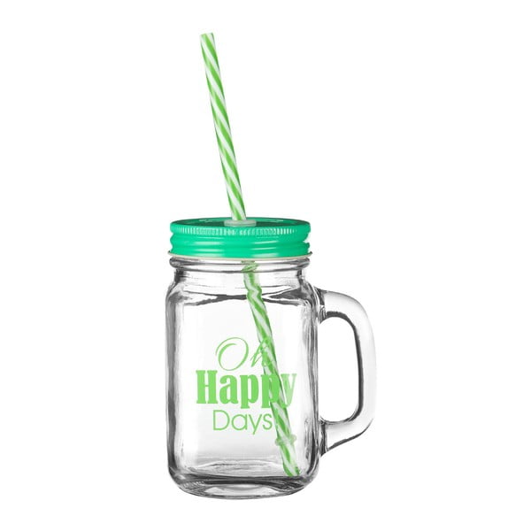 Happy Days üvegpohár zöld fedéllel és szívószállal, 450 ml - Premier Housewares