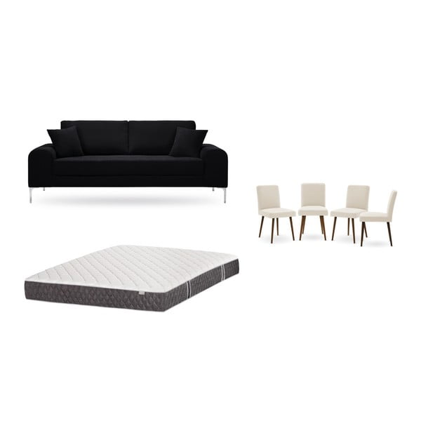 Fekete, háromszemélyes kanapé, 4 db krémszínű szék, matrac (160 x 200 cm) szett - Home Essentials