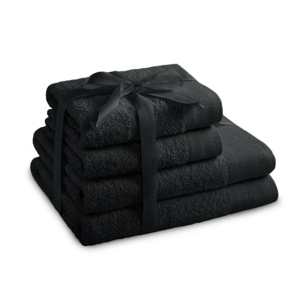 Fekete frottír pamut törölköző és fürdőlepedő készlet 4 db-os Amari – Restilo