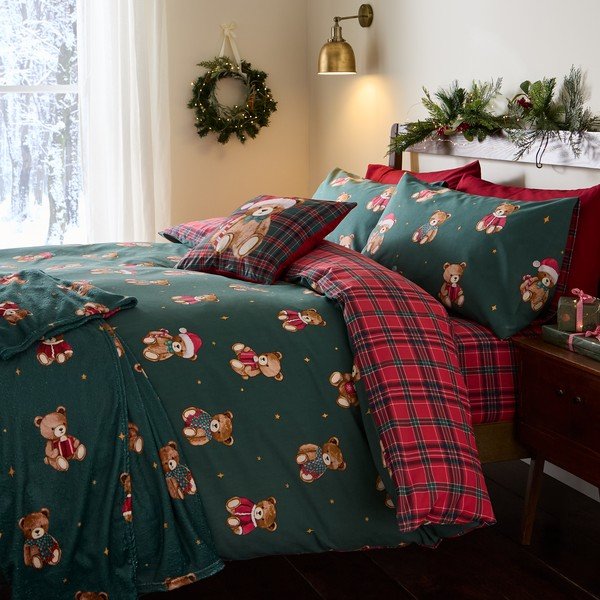 Piros-sötétzöld egyszemélyes ágyneműhuzat 150x120 cm Christmas Tartan Teddy Bear – Catherine Lansfield-image-4