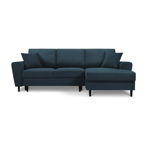 Sötétkék kordbársony kinyitható tárolóhelyes sarokkanapé (jobb oldali-heverő résszel) Kyoto – Cosmopolitan Design