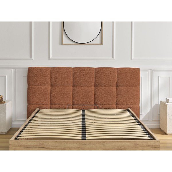 Terrakotta színű kárpitozott kárpitozott-forgácslemez ágyneműtartós franciaágy ágyráccsal 160x200 cm Kumo – Bobochic Paris-image-4
