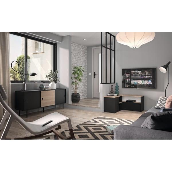 Fekete-natúr színű TV-állvány tölgyfa dekorral 90x45 cm Angle – TemaHome-image-1