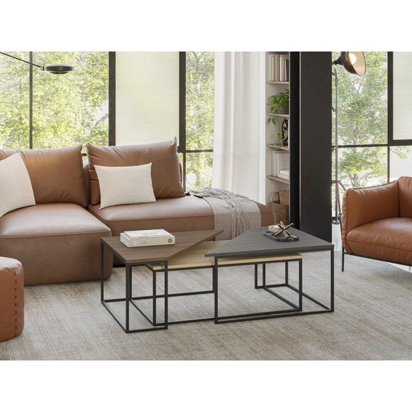 Natúr színű dohányzóasztal szett diófa dekoros asztallappal, 3 db-os 70x110 cm Titan – Marckeric-image-1