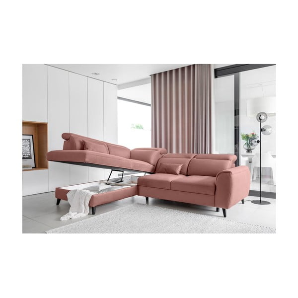 Rózsaszín bársony kinyitható-tárolóhelyes sarokkanapé (bal oldali-L alakú) Noble – ELTAP-image-3