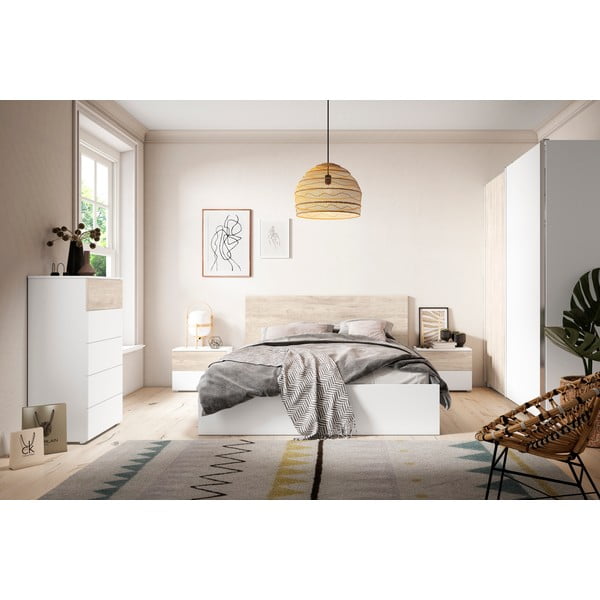 Fehér-natúr színű franciaágy tölgyfa dekorral  160x200 cm Sahara – Marckeric-image-1