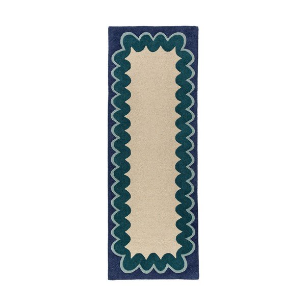 Natúr színű-kékeszöld kézi szövésű gyapjú futószőnyeg 80x230 cm Wiggle Wool – Flair Rugs