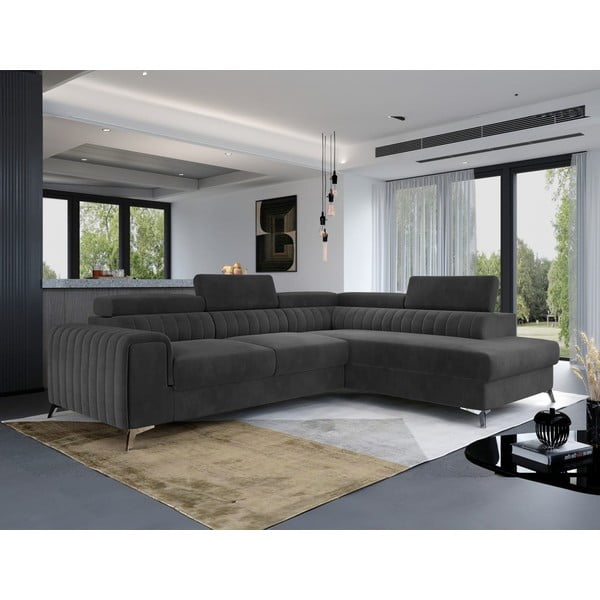 Sötétszürke bársony kinyitható-tárolóhelyes sarokkanapé (jobb oldali-L alakú) Laurence – ELTAP-image-1